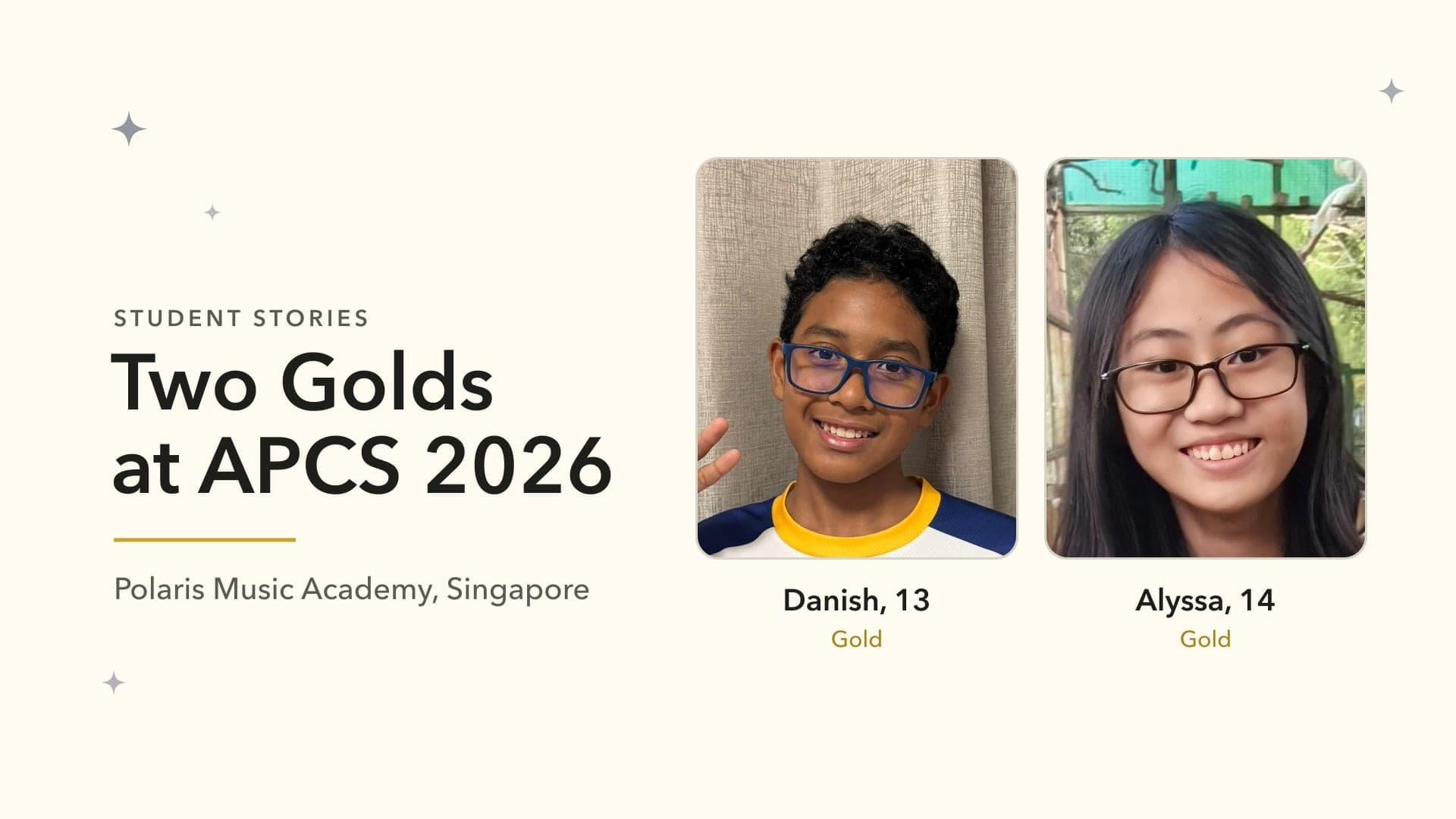 Danish, 13, and Alyssa, 14, Polaris Music Academy students who won Gold at the APCS International Music Competition 2026