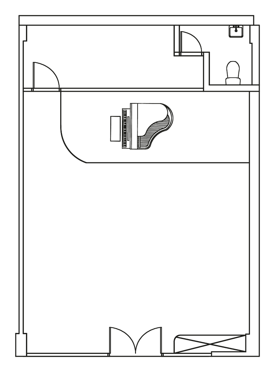 Proposed layout plan of the new Polaris studio space, with the stage and conservatory grand piano at one end and the double-door entrance at the other
