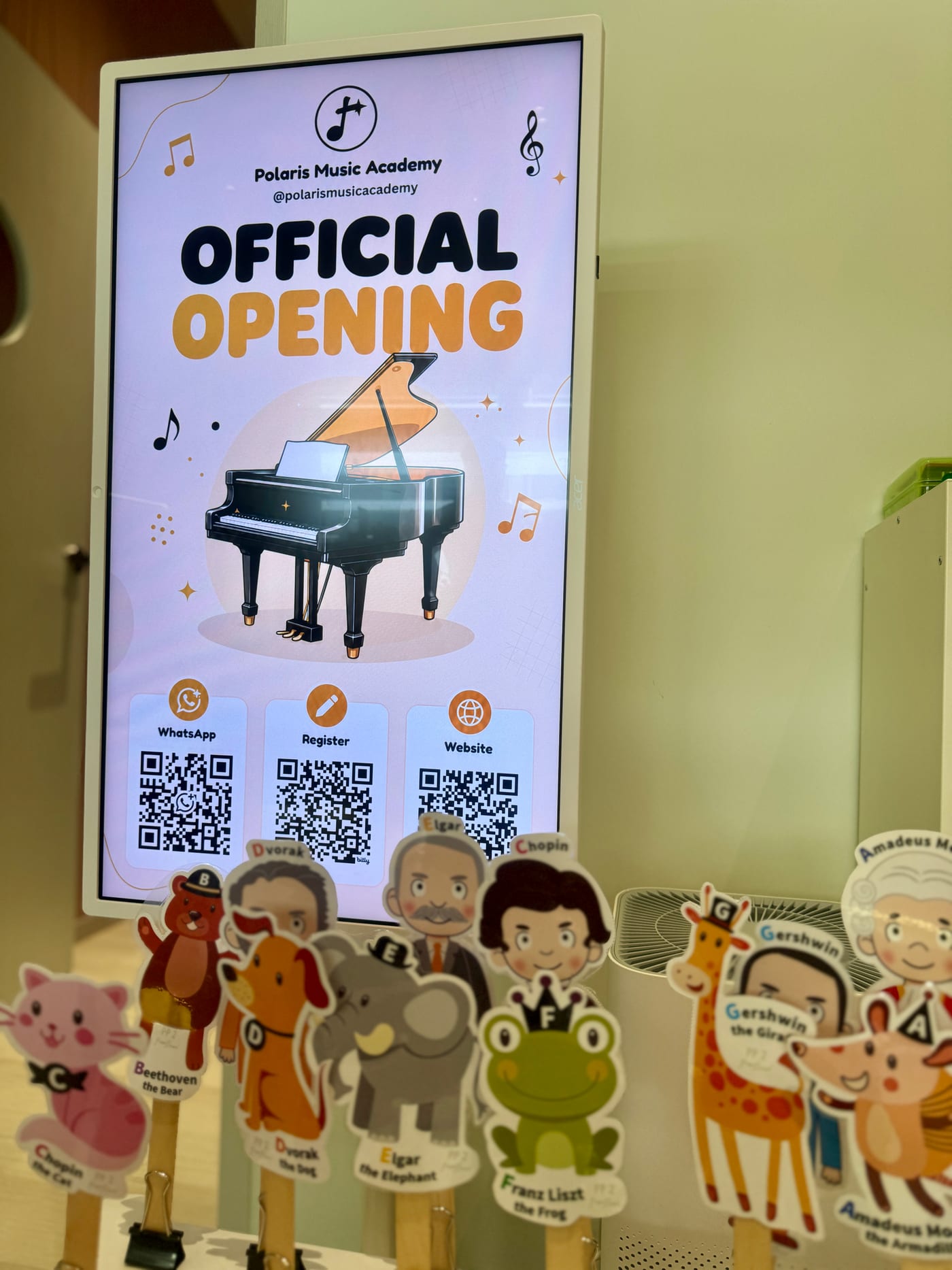 The Official Opening display beside our composer characters
